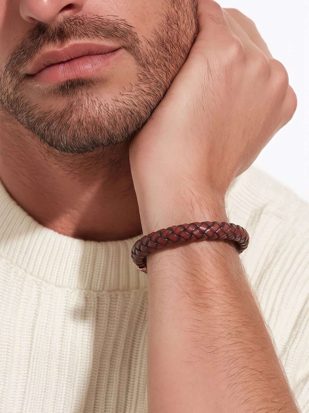 Braided Leather Men's Bracelet - burgundy leather☑️